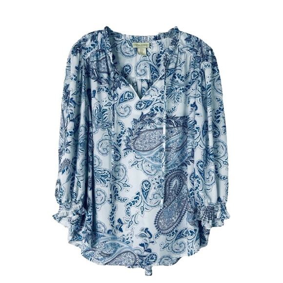 Cynthia Rowley blue white paisley lightweight semi sheer coastal preppy top 1X - Picture 1 of 7